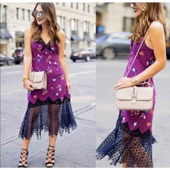 REBECCA TAYLOR Purple Floral Lace Midi Dress Size 4 - Picture 1 of 14